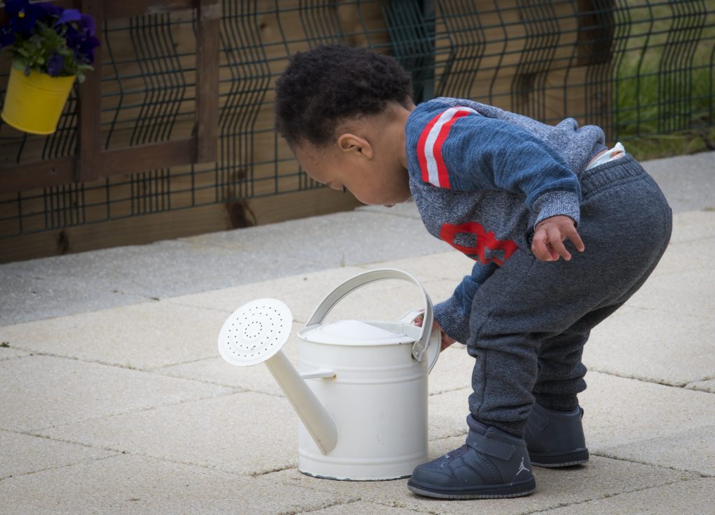 Toddler standing over a watering can