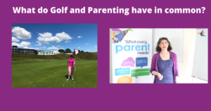  What do golf and parenting have in common - find out with Sharing Parenting, golfer on pitch and tutor teaching. 