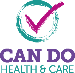 CAN DO Health and Care logo with a pink tick in a blue circle