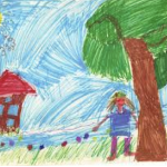 child's drawing of a house, blue sky, person and tree 