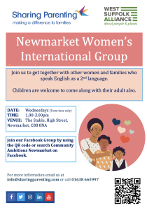 Newmarket International Womens Group information and pink image with illustrated woman and two children 