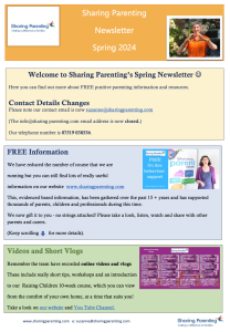 Orange, green, blue, pink coloured newsletter with images and writing