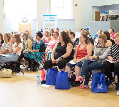 Male and female adults sitting on chairs conference style